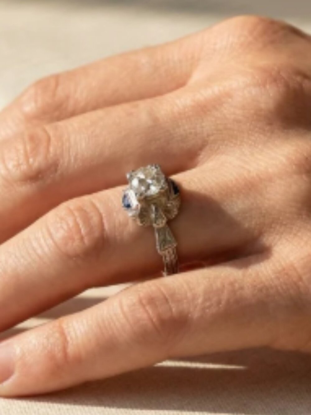 18K Art Deco Solid White Gold Diamond Engagement Ring - Picture 2 of 5